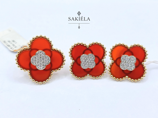 Diamond Clover Motif Earrings and Ring (Carnelian)
