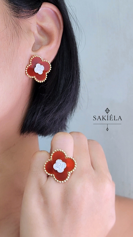 Diamond Clover Motif Earrings and Ring (Carnelian)