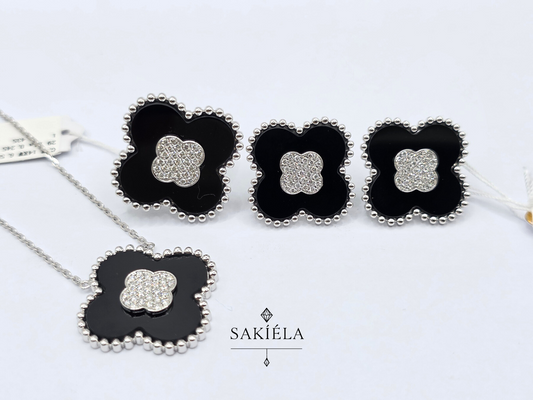Diamond Clover Motif Ring and Earrings (Onyx)