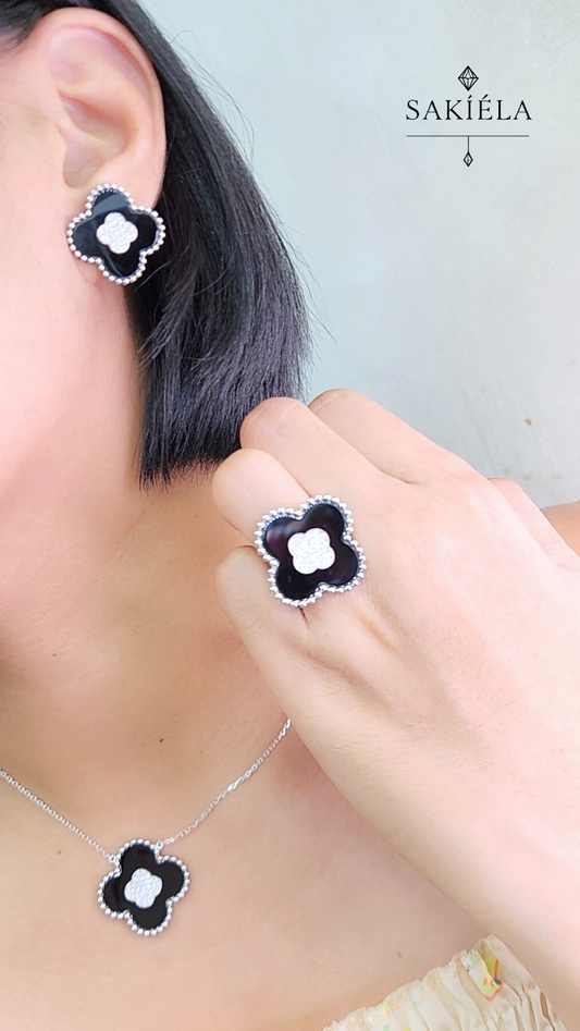 Diamond Clover Motif Ring and Earrings (Onyx)