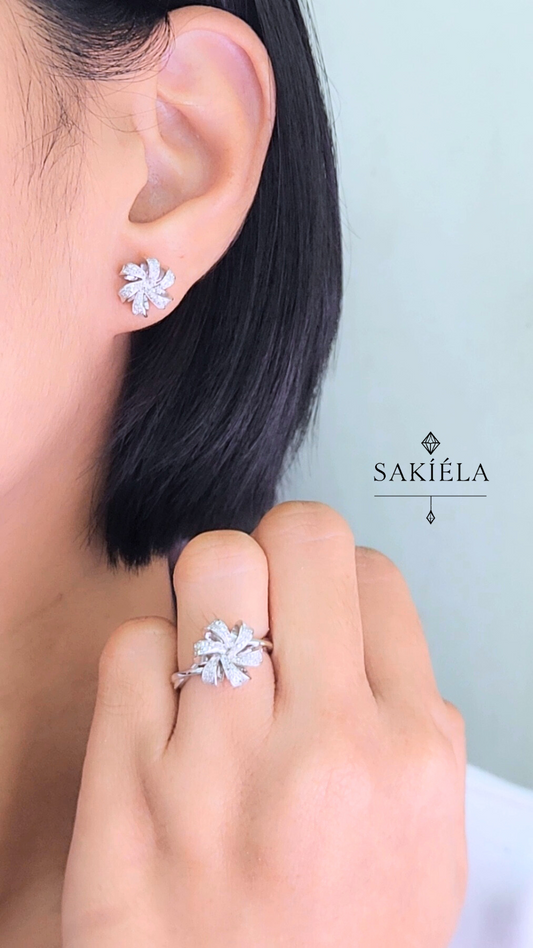 Diamond Blossom Motif Earrings & Ring Set