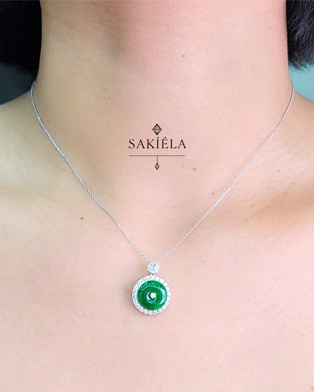 Diamond Halo Jade Pendant Necklace