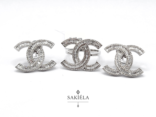Chanel "CC" Ring & Earrings Set (White Gold)