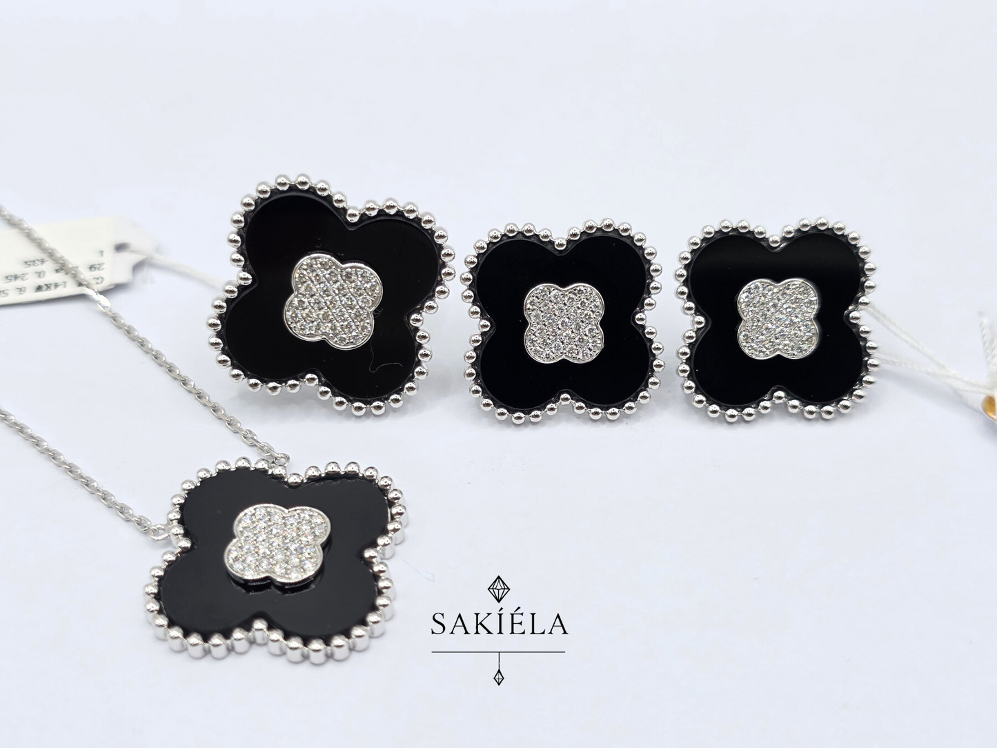 Diamond Clover Motif Ring and Earrings (Onyx)