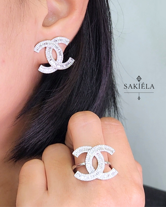 Chanel "CC" Ring & Earrings Set (White Gold)