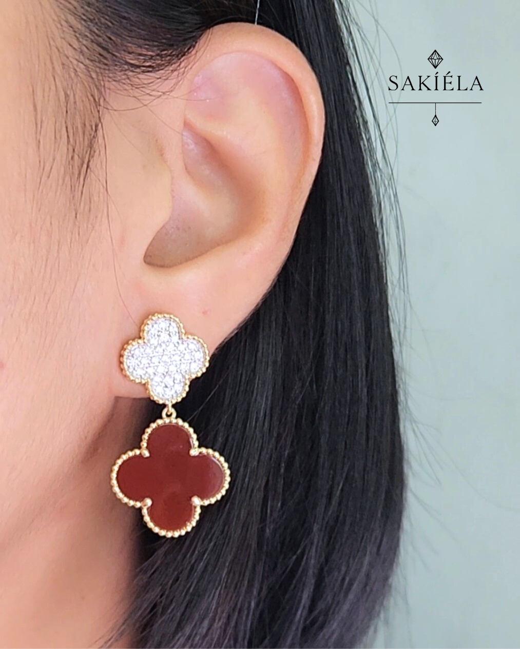 2-Clover Motif Earrings (Carnelian)